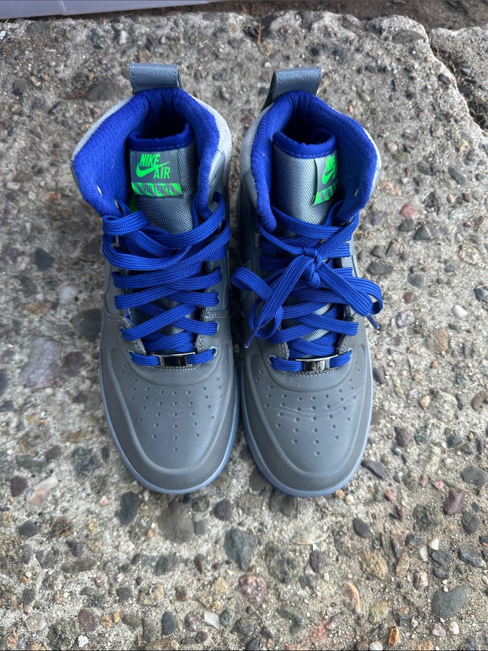 Nike Kids Gray and Royal Blue High-Top Sneakers with Neon Green Logo